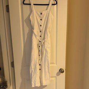 LOFT White Button-Front Midi Dress with Tie